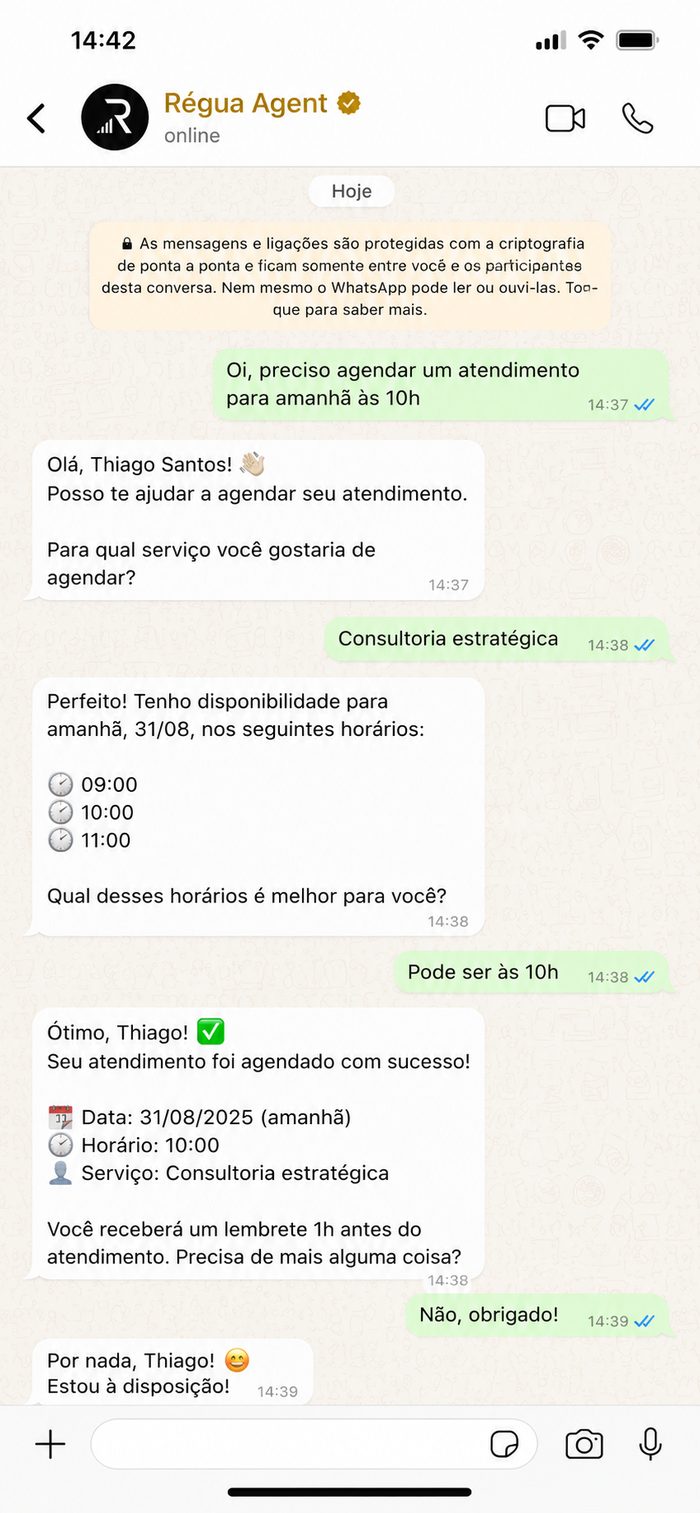 Conversa de WhatsApp com o agente de IA da régua.io agendando um atendimento